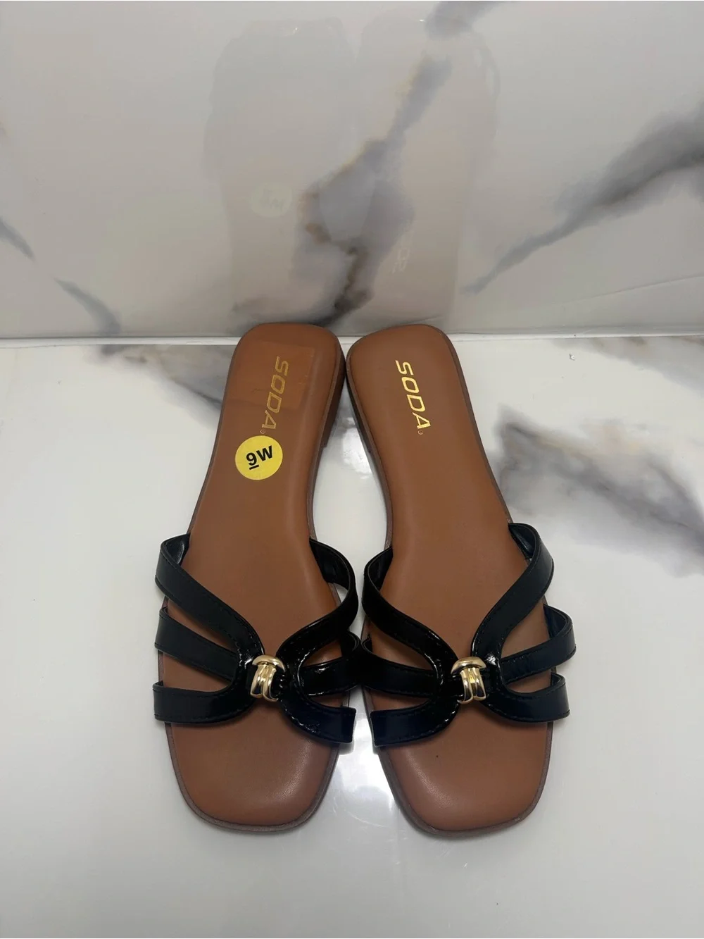 Soda Black Multi‑Strap Slide Sandals with Gold Accent